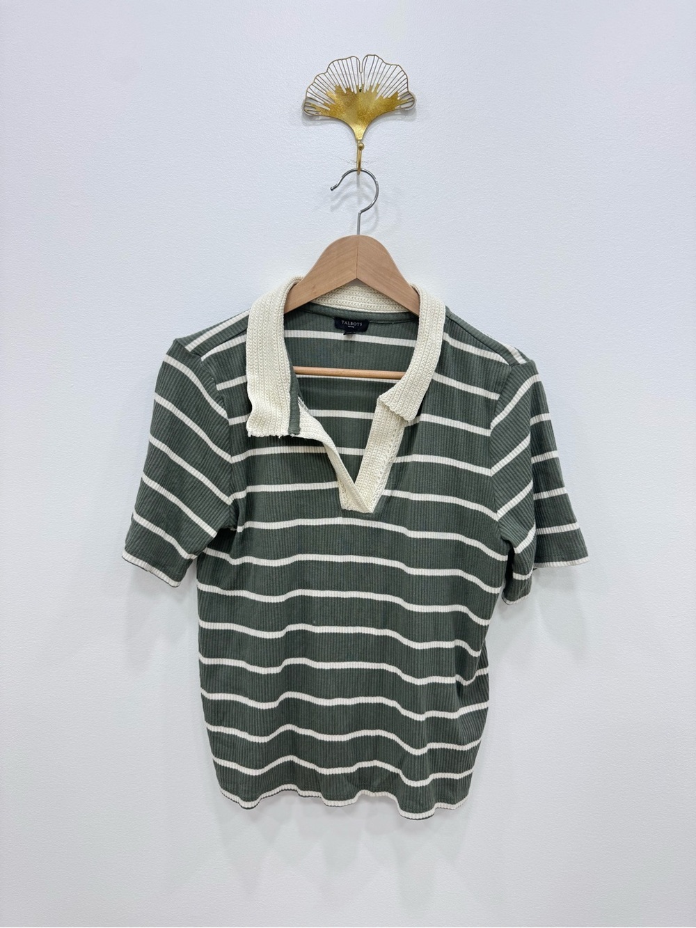 Talbots crotchet trim ladies green white stripe top blouse Sz XL petite - Picture 2 of 6